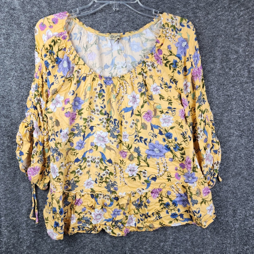 Democracy Floral Peplum Blouse Women Medium Yellow Ruched 3/4 Sleeve B0019N2SM
